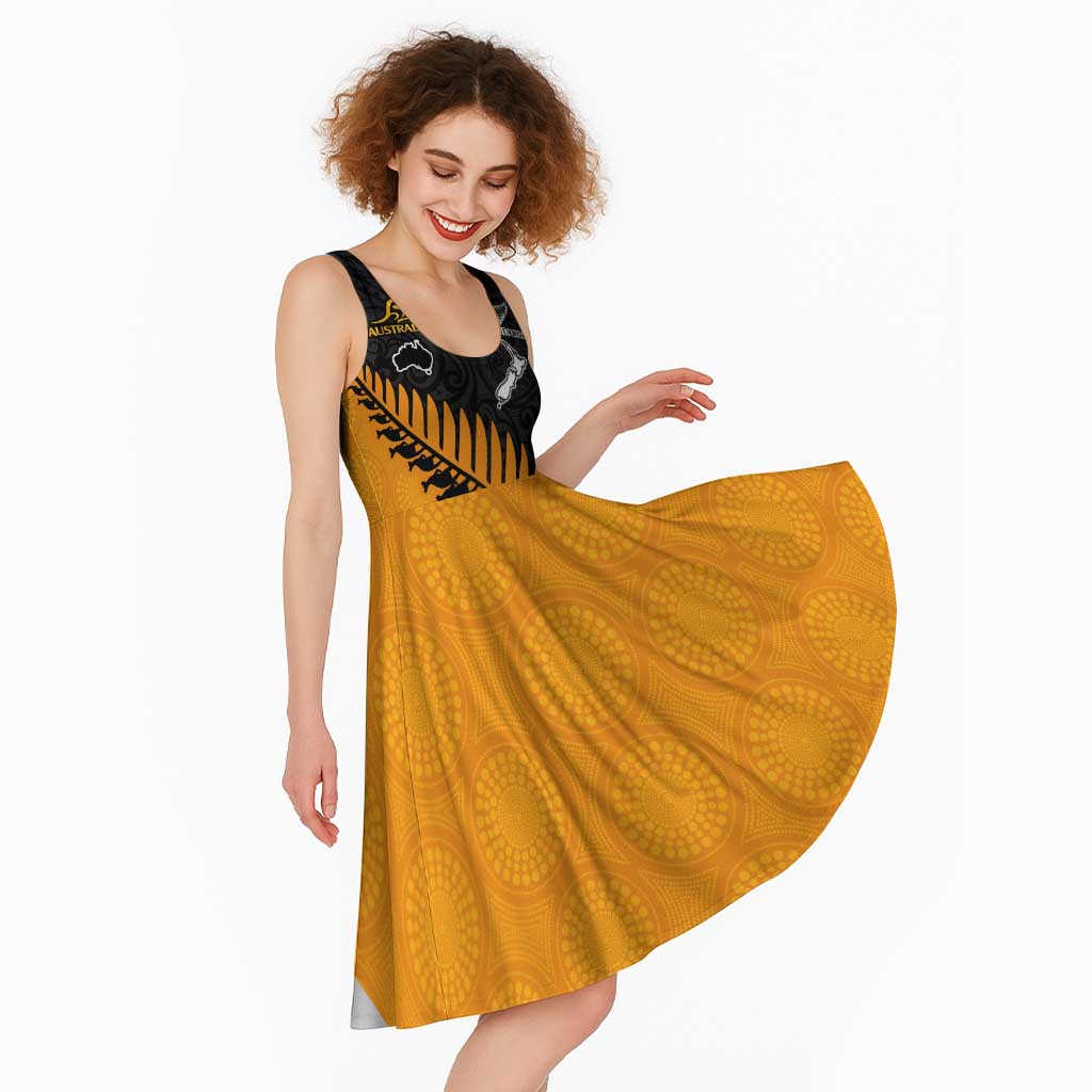Australia New Zealand Rugby Midi Dress Gold Aboriginal Wallabies and Maori Black Fern - Polynesian Pride