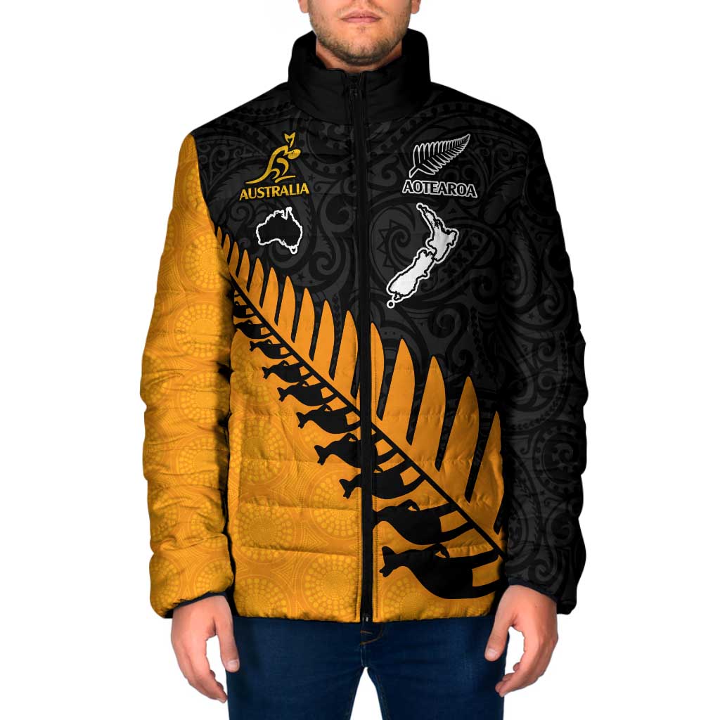 Australia New Zealand Rugby Padded Jacket Gold Aboriginal Wallabies and Maori Black Fern - Polynesian Pride