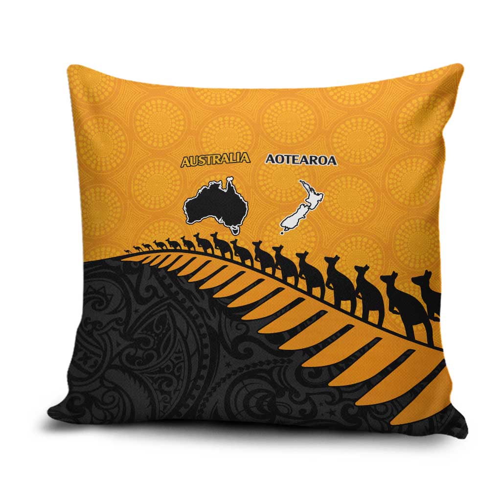 Australia New Zealand Rugby Pillow Cover Gold Aboriginal Wallabies and Maori Black Fern - Polynesian Pride