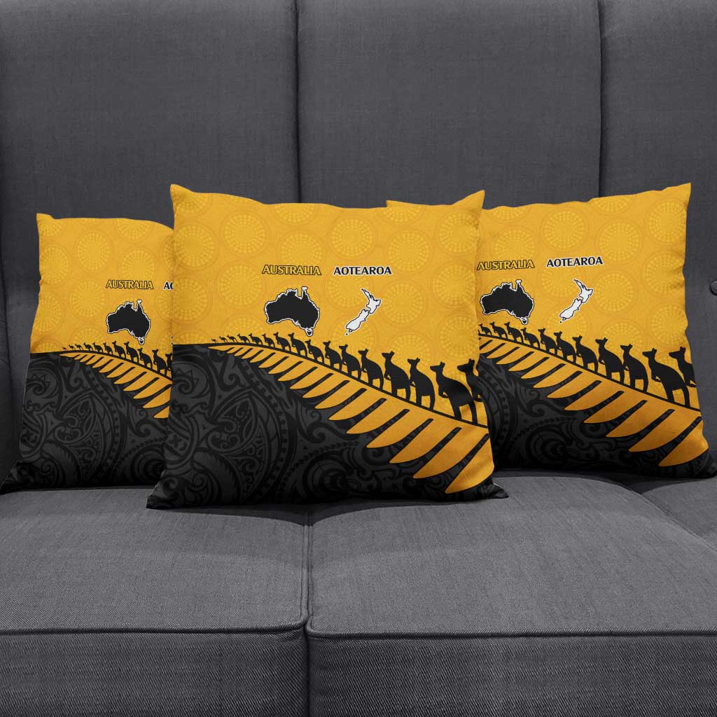 Australia New Zealand Rugby Pillow Cover Gold Aboriginal Wallabies and Maori Black Fern - Polynesian Pride