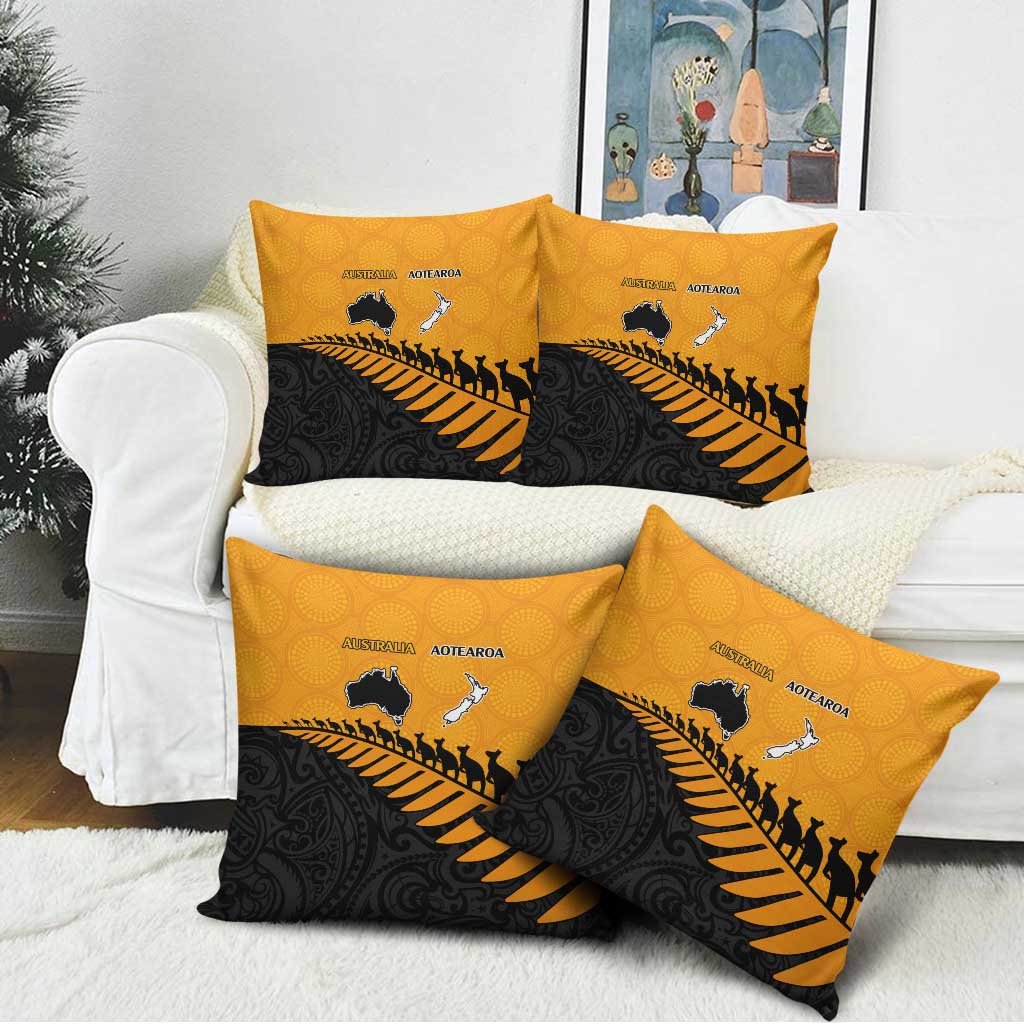Australia New Zealand Rugby Pillow Cover Gold Aboriginal Wallabies and Maori Black Fern - Polynesian Pride