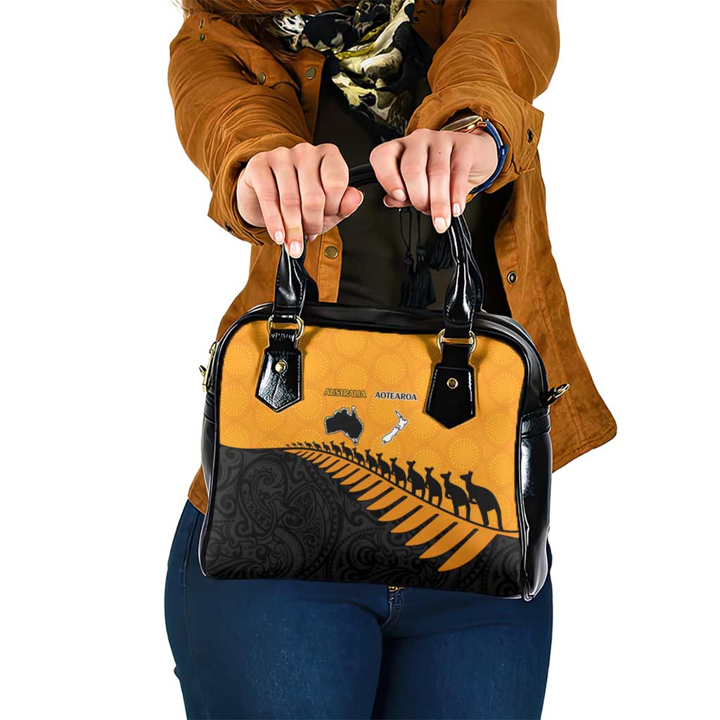 Australia New Zealand Rugby Shoulder Handbag Gold Aboriginal Wallabies and Maori Black Fern - Polynesian Pride
