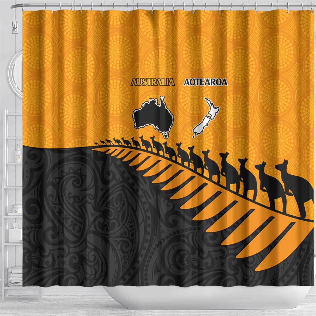 Australia New Zealand Rugby Shower Curtain Gold Aboriginal Wallabies and Maori Black Fern - Polynesian Pride