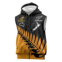 Australia New Zealand Rugby Sleeveless Zip Hoodie Gold Aboriginal Wallabies and Maori Black Fern LT9