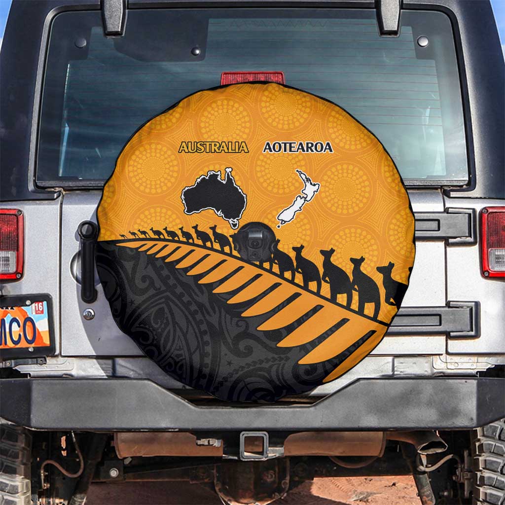 Australia New Zealand Rugby Spare Tire Cover Gold Aboriginal Wallabies and Maori Black Fern - Polynesian Pride