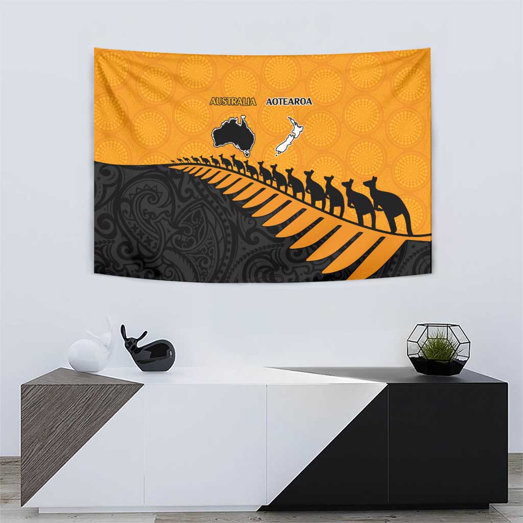Australia New Zealand Rugby Tapestry Gold Aboriginal Wallabies and Maori Black Fern - Polynesian Pride