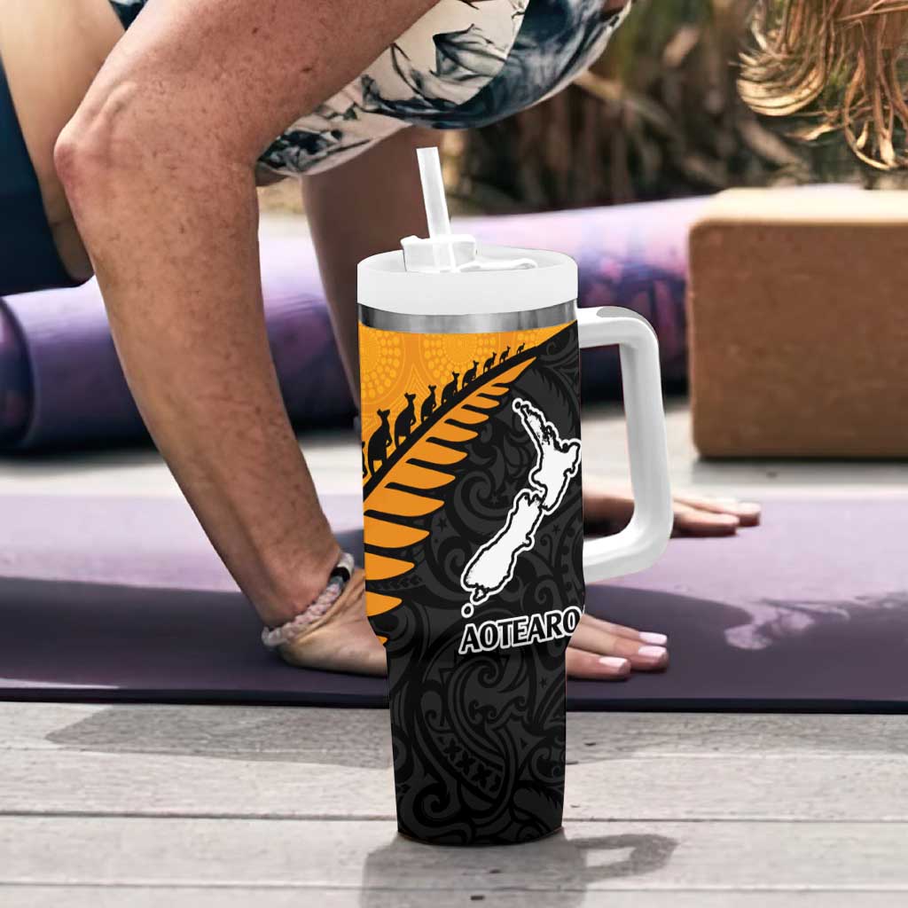 Australia New Zealand Rugby Tumbler With Handle Gold Aboriginal Wallabies and Maori Black Fern - Polynesian Pride