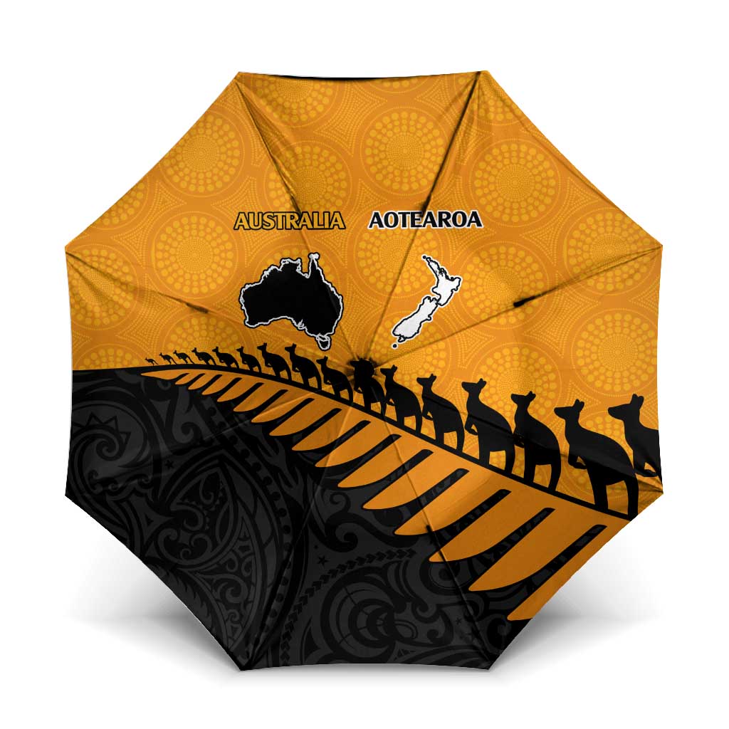 Australia New Zealand Rugby Umbrella Gold Aboriginal Wallabies and Maori Black Fern - Polynesian Pride