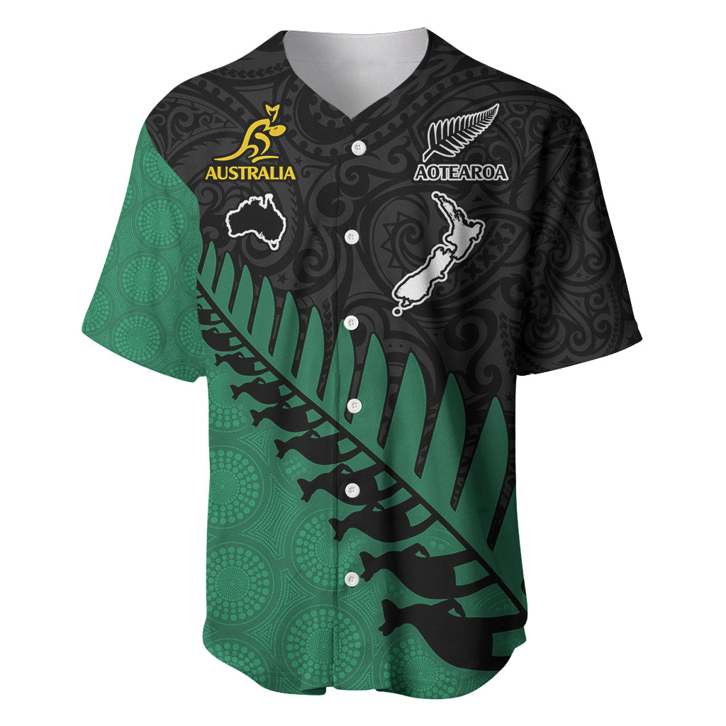 Australia Wallabies and Aotearoa Rugby Baseball Jersey Kangaroo Black Fern Maori Green Vibe LT9 Green - Polynesian Pride