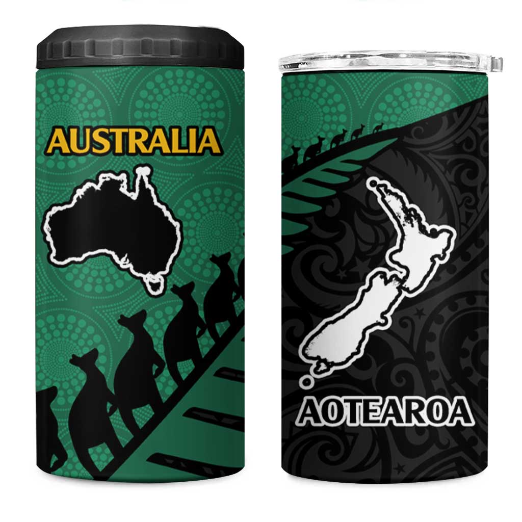 Australia New Zealand Rugby 4 in 1 Can Cooler Tumbler Aboriginal Wallabies and Maori Black Fern Green Vibe