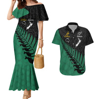 Australia Wallabies and Aotearoa Rugby Couples Matching Mermaid Dress And Hawaiian Shirt Kangaroo Black Fern Maori Green Vibe LT9 Green - Polynesian Pride