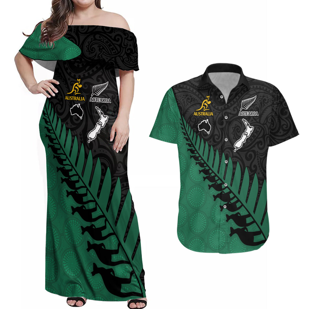 Australia Wallabies and Aotearoa Rugby Couples Matching Off Shoulder Maxi Dress and Hawaiian Shirt Kangaroo Black Fern Maori Green Vibe LT9 Green - Polynesian Pride