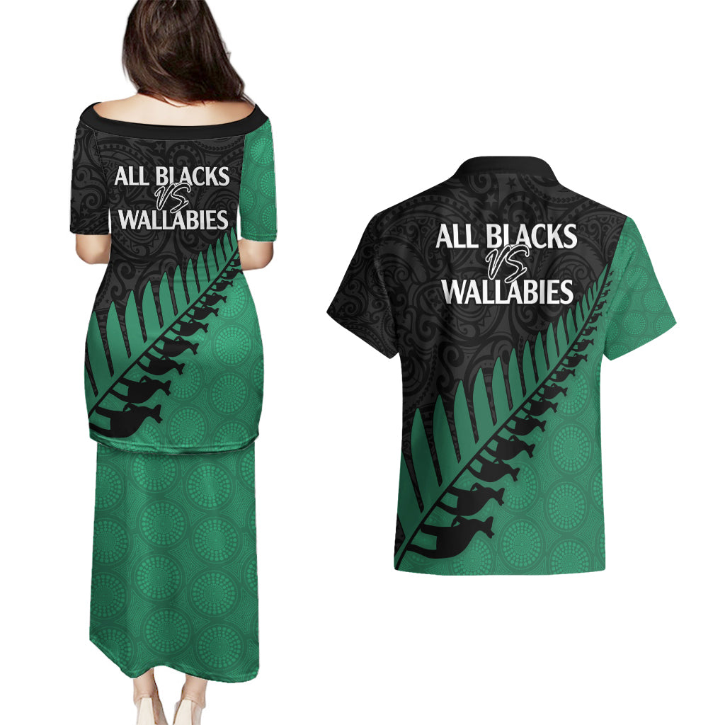 Australia Wallabies and Aotearoa Rugby Couples Matching Puletasi Dress and Hawaiian Shirt Kangaroo Black Fern Maori Green Vibe LT9 - Polynesian Pride