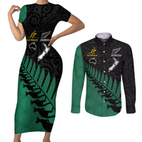 Australia Wallabies and Aotearoa Rugby Couples Matching Short Sleeve Bodycon Dress and Long Sleeve Button Shirts Kangaroo Black Fern Maori Green Vibe LT9 Green - Polynesian Pride