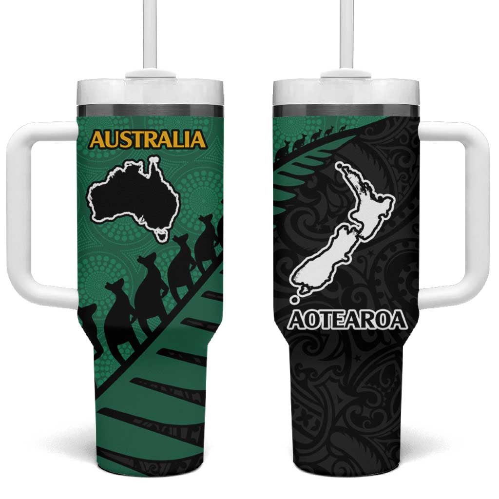 Australia New Zealand Rugby Tumbler With Handle Aboriginal Wallabies and Maori Black Fern Green Vibe