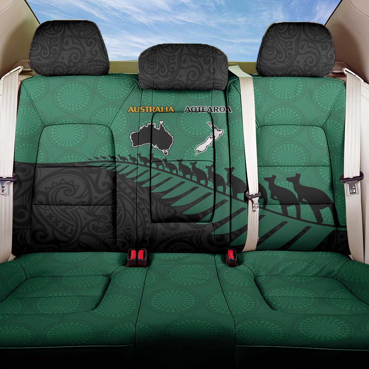 Australia New Zealand Rugby Back Car Seat Cover Green Aboriginal Wallabies and Maori Black Fern - Polynesian Pride