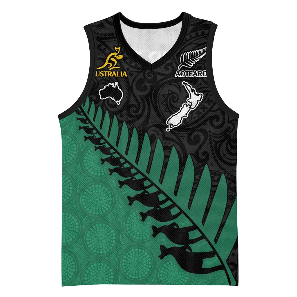 Australia New Zealand Rugby Basketball Jersey Green Aboriginal Wallabies and Maori Black Fern - Polynesian Pride