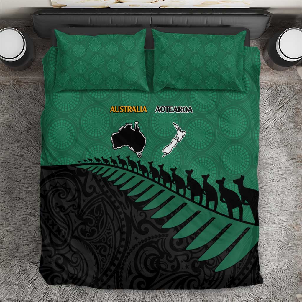 Australia New Zealand Rugby Bedding Set Green Aboriginal Wallabies and Maori Black Fern - Polynesian Pride