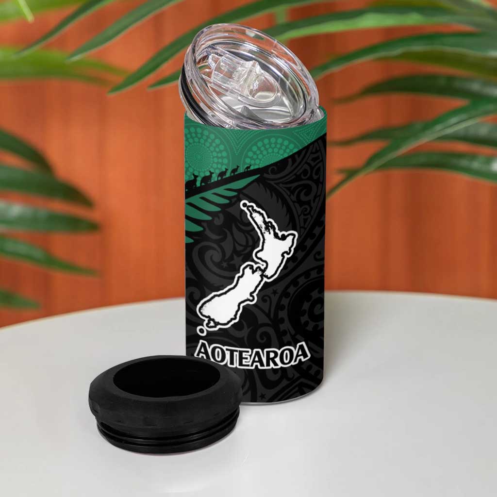Australia New Zealand Rugby 4 in 1 Can Cooler Tumbler Green Aboriginal Wallabies and Maori Black Fern - Polynesian Pride