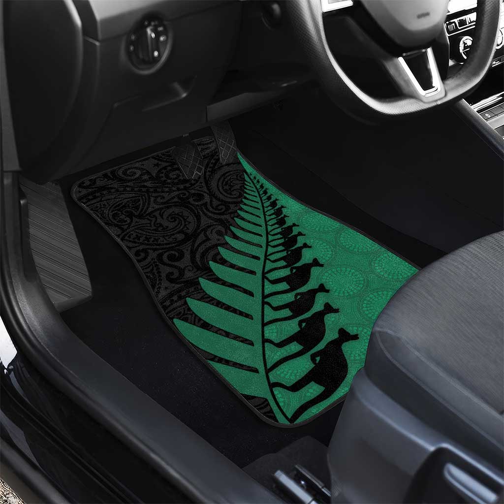 Australia New Zealand Rugby Car Mats Green Aboriginal Wallabies and Maori Black Fern - Polynesian Pride