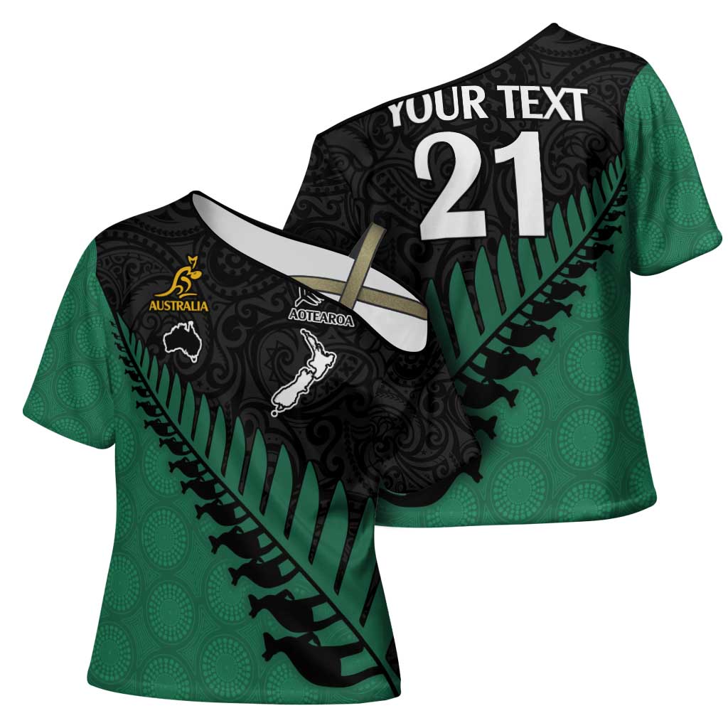 Australia New Zealand Rugby Cross Shoulder Shirt Green Aboriginal Wallabies and Maori Black Fern - Polynesian Pride