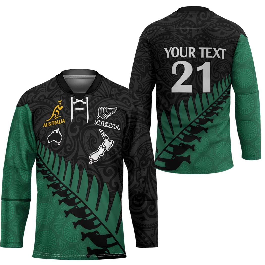 Australia New Zealand Rugby Hockey Jersey Green Aboriginal Wallabies and Maori Black Fern - Polynesian Pride