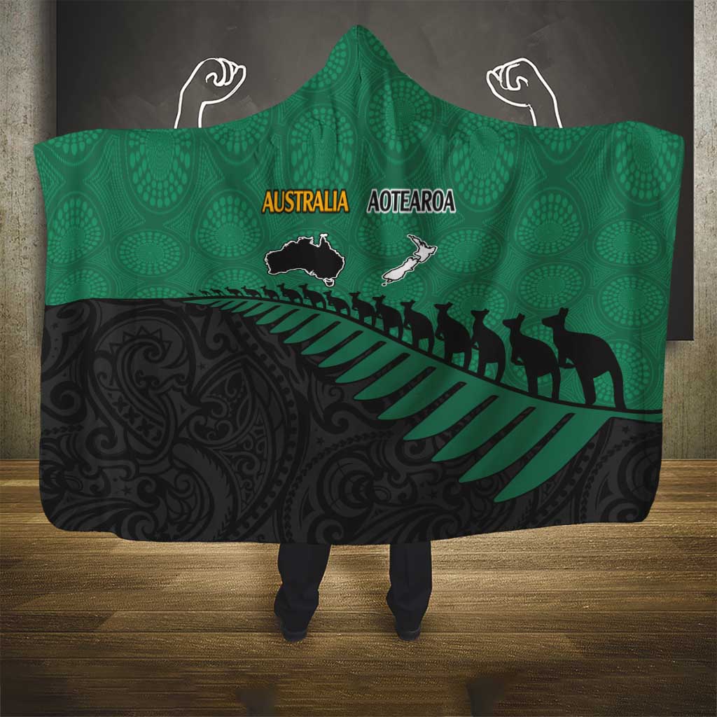 Australia New Zealand Rugby Hooded Blanket Green Aboriginal Wallabies and Maori Black Fern - Polynesian Pride