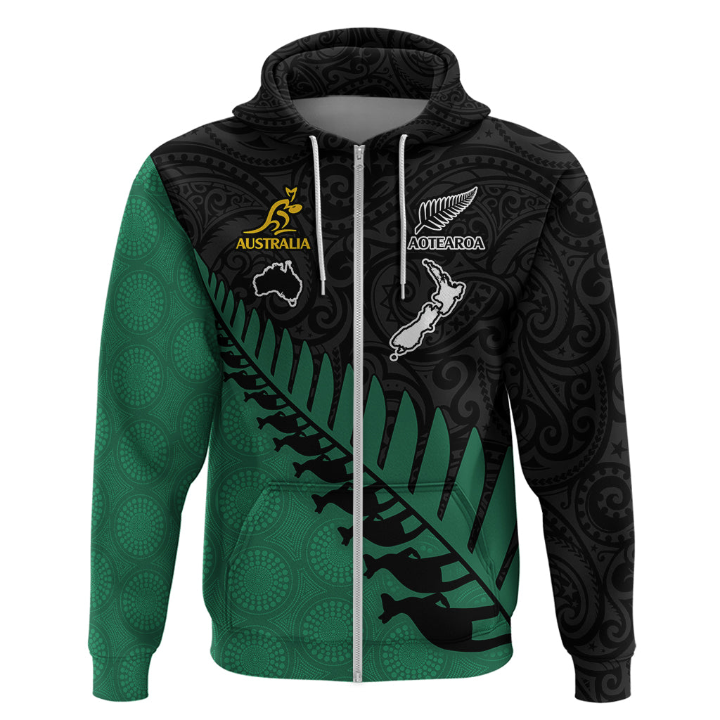 Custom Australia Wallabies and Aotearoa Rugby Hoodie Kangaroo Black Fern Maori Green Vibe LT9 Zip Hoodie Green - Polynesian Pride
