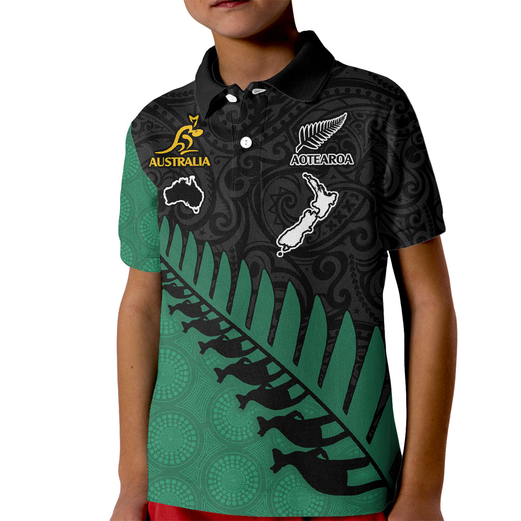 Custom Australia Wallabies and Aotearoa Rugby Kid Polo Shirt Kangaroo Black Fern Maori Green Vibe LT9 Kid Green - Polynesian Pride