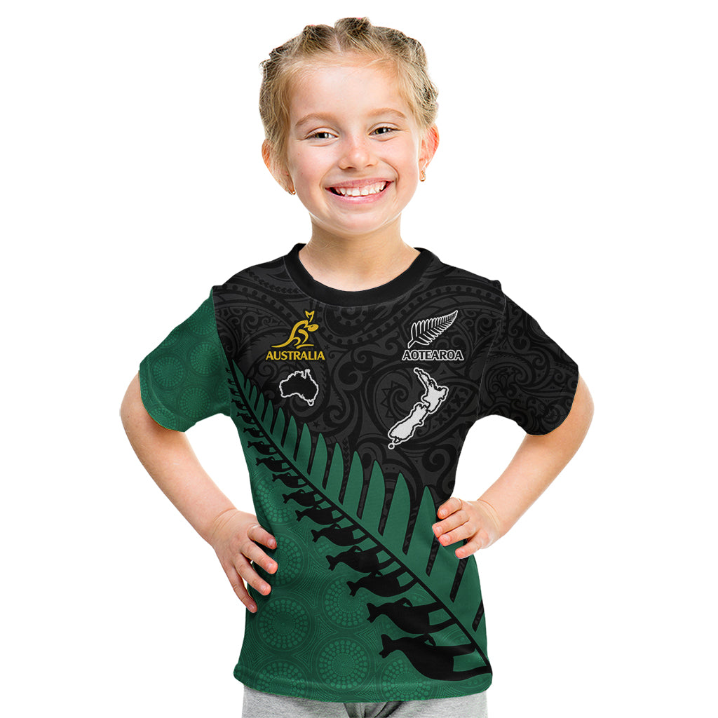 Custom Australia Wallabies and Aotearoa Rugby Kid T Shirt Kangaroo Black Fern Maori Green Vibe LT9 Green - Polynesian Pride