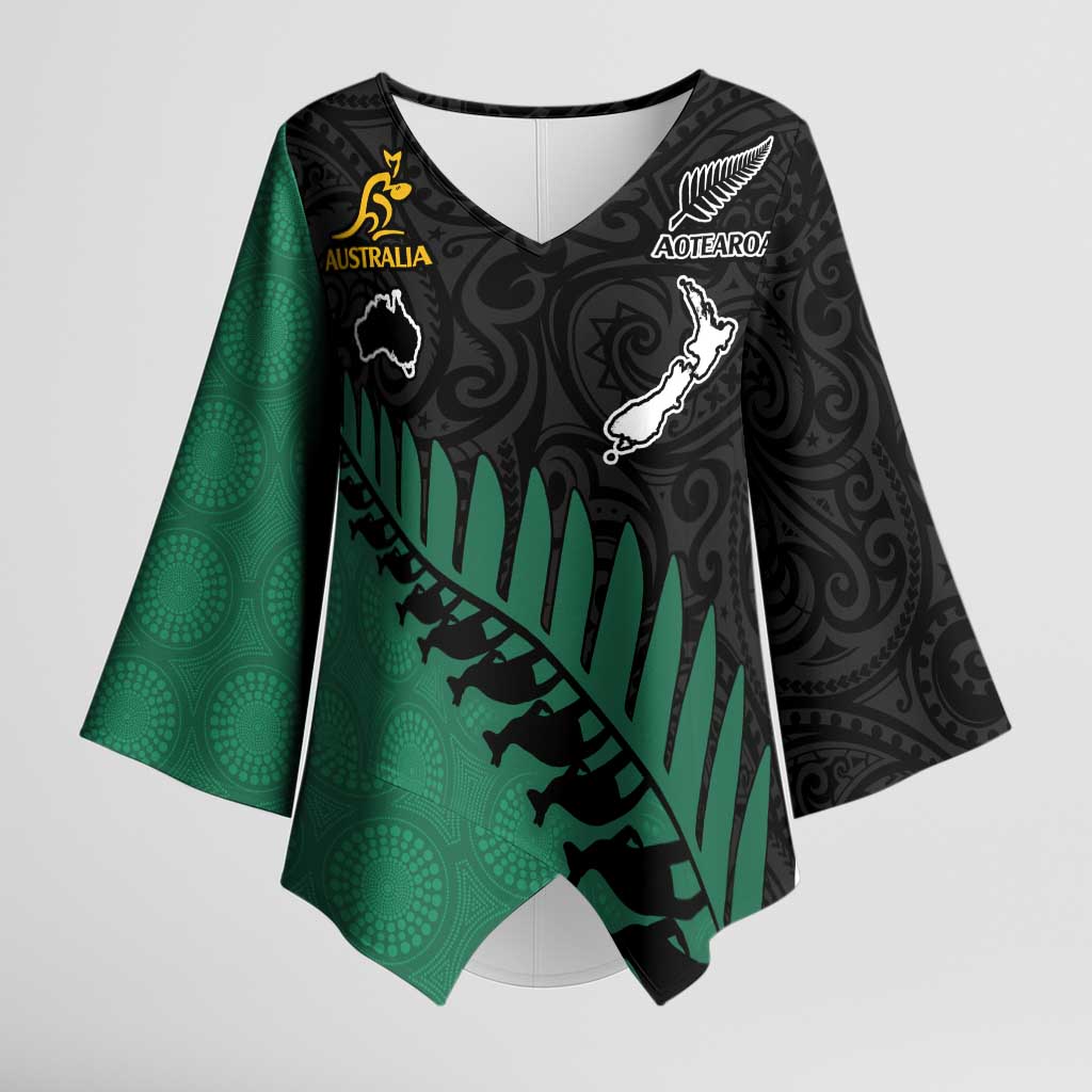 Australia New Zealand Rugby Kimono Sleeve Blouse Green Aboriginal Wallabies and Maori Black Fern - Polynesian Pride