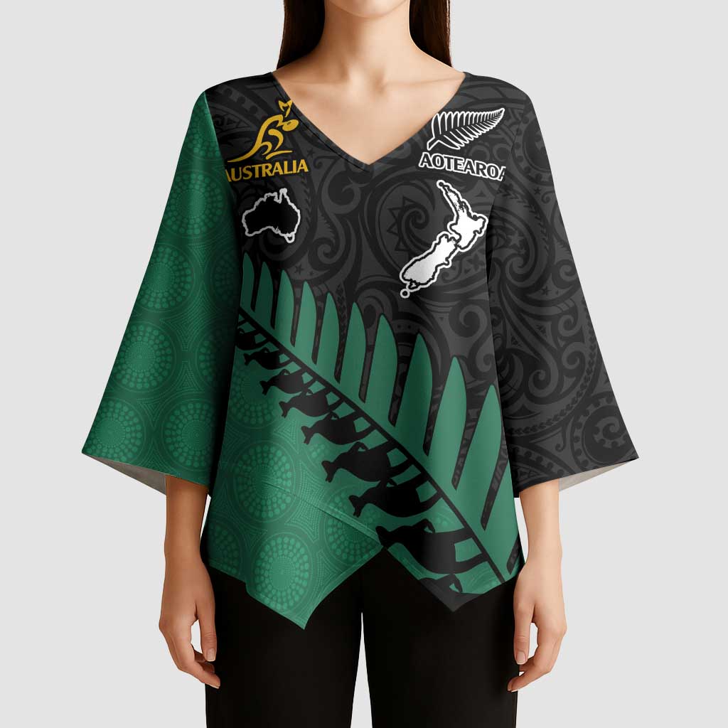 Australia New Zealand Rugby Kimono Sleeve Blouse Green Aboriginal Wallabies and Maori Black Fern - Polynesian Pride