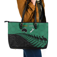 Australia New Zealand Rugby Leather Tote Bag Green Aboriginal Wallabies and Maori Black Fern - Polynesian Pride