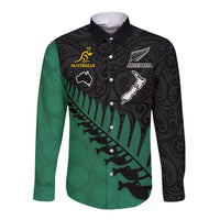 Custom Australia Wallabies and Aotearoa Rugby Long Sleeve Button Shirt Kangaroo Black Fern Maori Green Vibe LT9 Unisex Green - Polynesian Pride