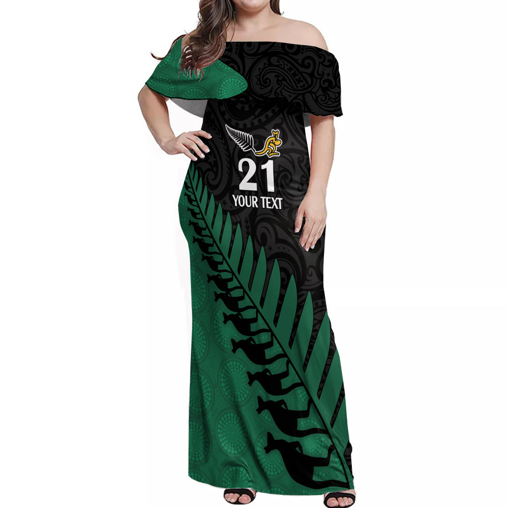 Custom Australia Wallabies and Aotearoa Rugby Off Shoulder Maxi Dress Kangaroo Black Fern Maori Green Vibe LT9 Women Green - Polynesian Pride