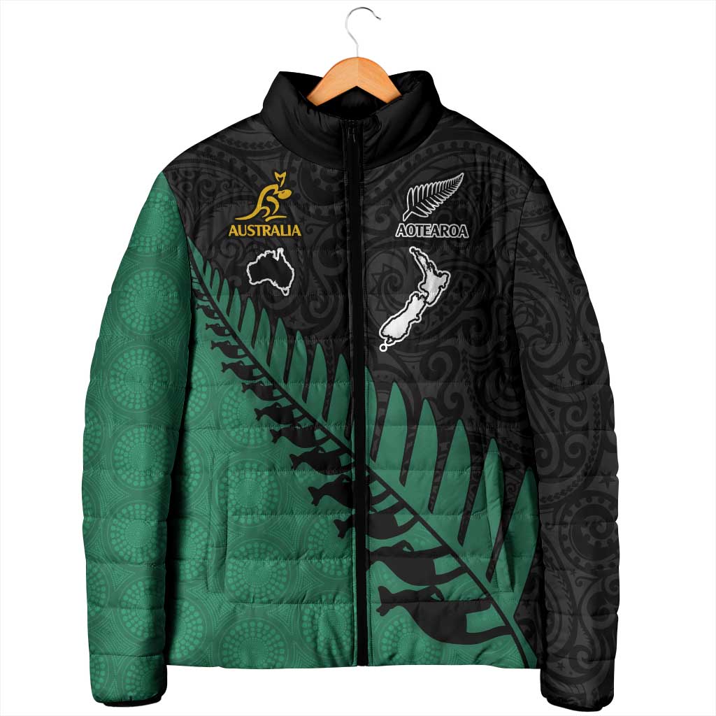 Australia New Zealand Rugby Padded Jacket Green Aboriginal Wallabies and Maori Black Fern - Polynesian Pride