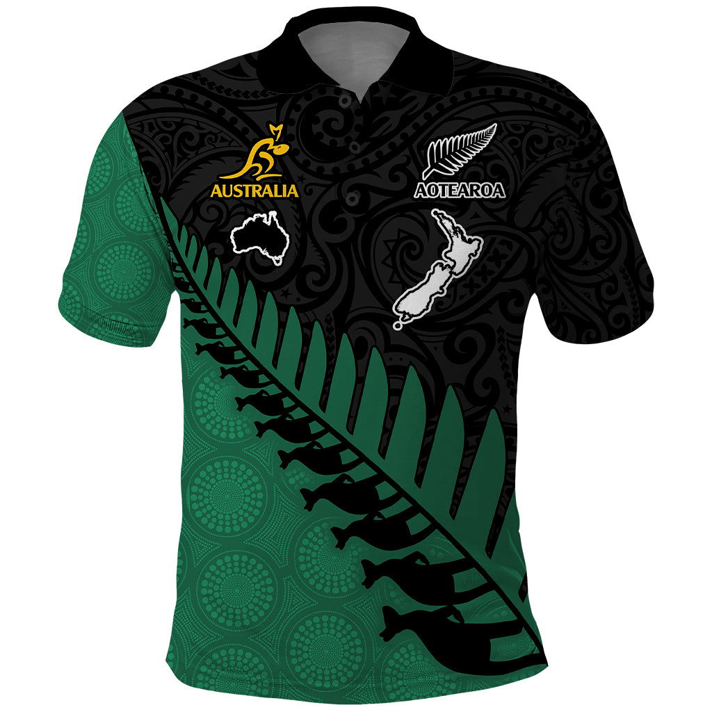 Custom Australia New Zealand Rugby Polo Shirt Aboriginal Wallabies and Maori Black Fern Green Vibe LT9 Green - Polynesian Pride