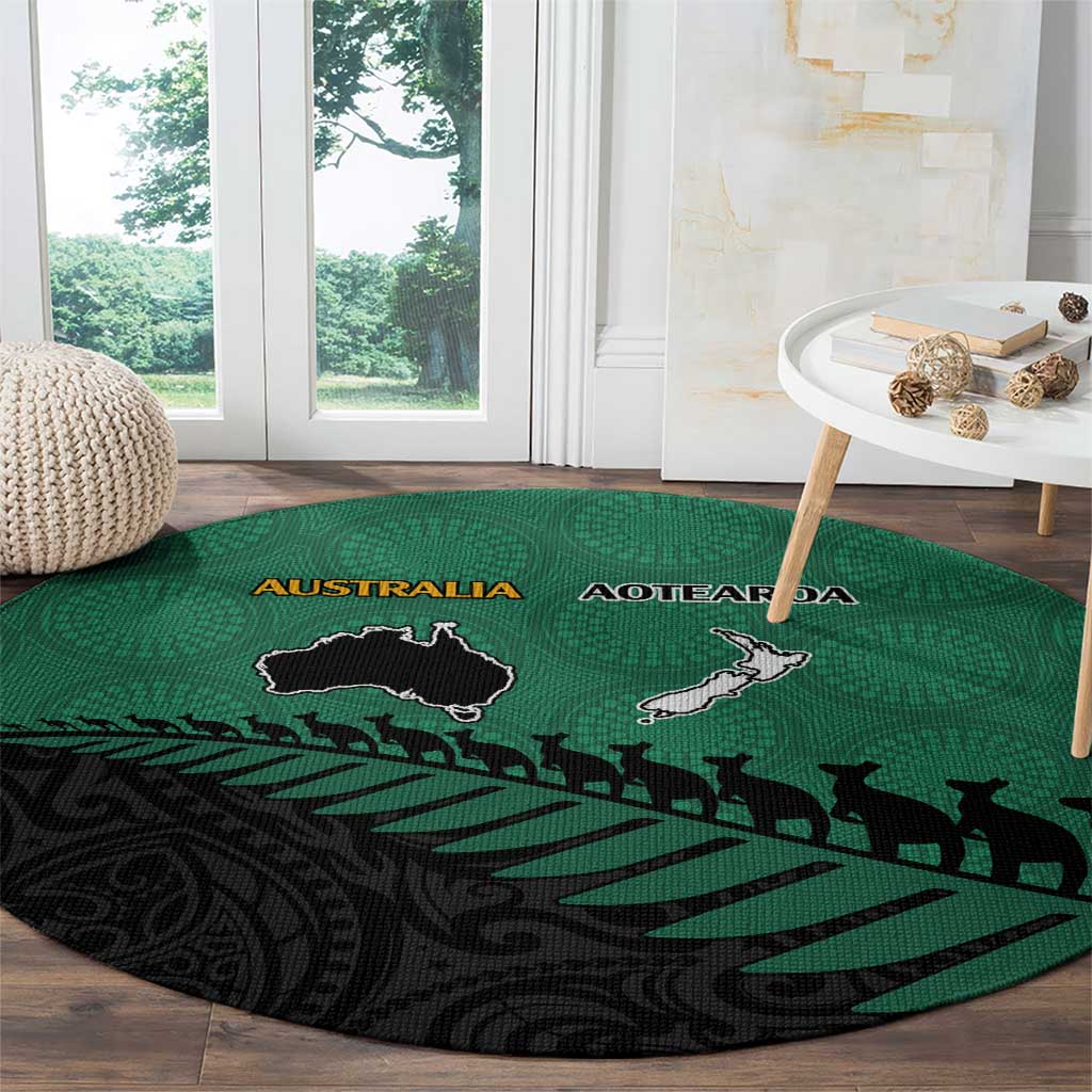 Australia New Zealand Rugby Round Carpet Green Aboriginal Wallabies and Maori Black Fern - Polynesian Pride