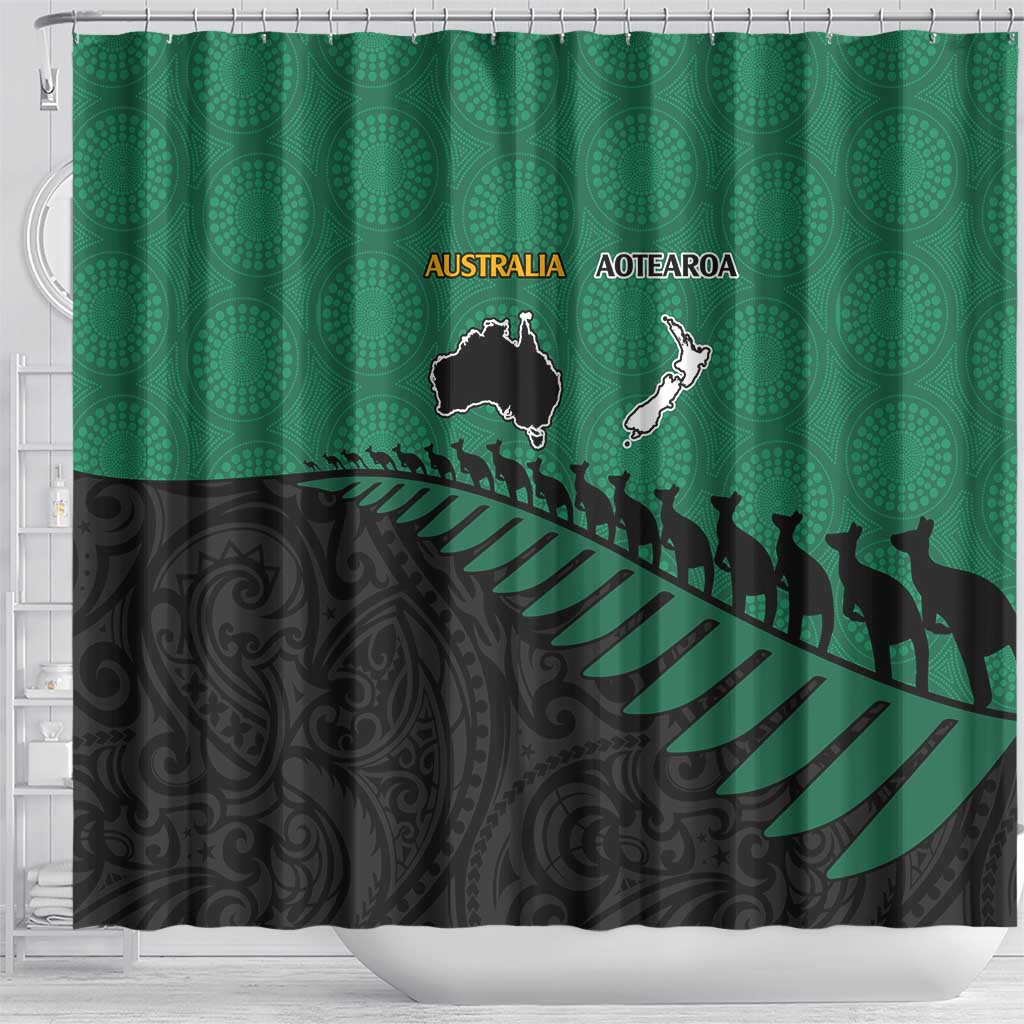 Australia New Zealand Rugby Shower Curtain Green Aboriginal Wallabies and Maori Black Fern - Polynesian Pride