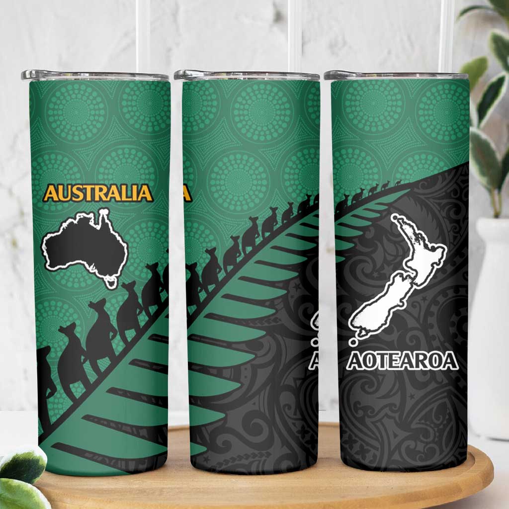 Australia New Zealand Rugby Skinny Tumbler Green Aboriginal Wallabies and Maori Black Fern - Polynesian Pride