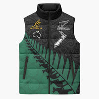 Australia New Zealand Rugby Sleeveless Puffer Jacket Green Aboriginal Wallabies and Maori Black Fern - Polynesian Pride