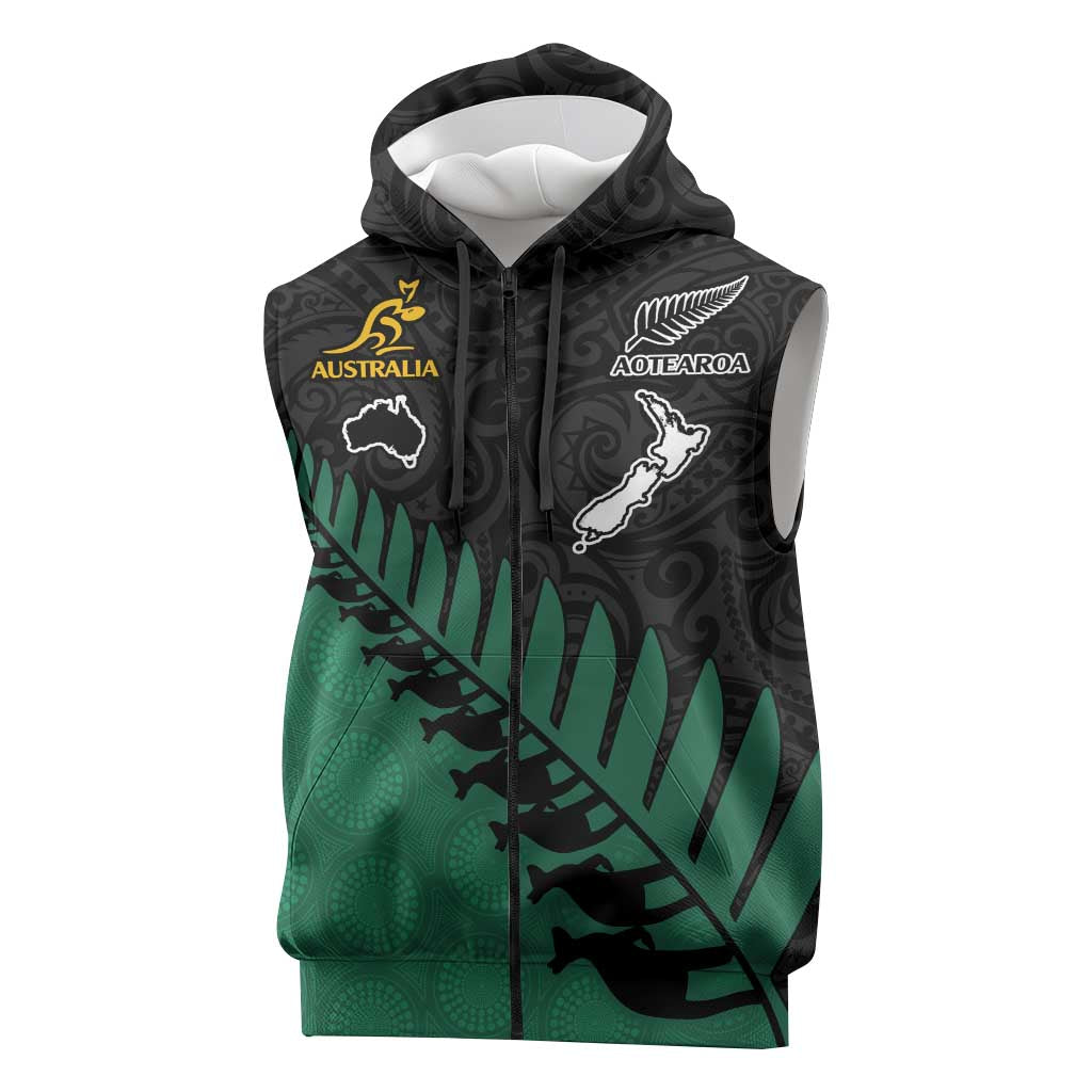 Australia New Zealand Rugby Sleeveless Zip Hoodie Green Aboriginal Wallabies and Maori Black Fern LT9