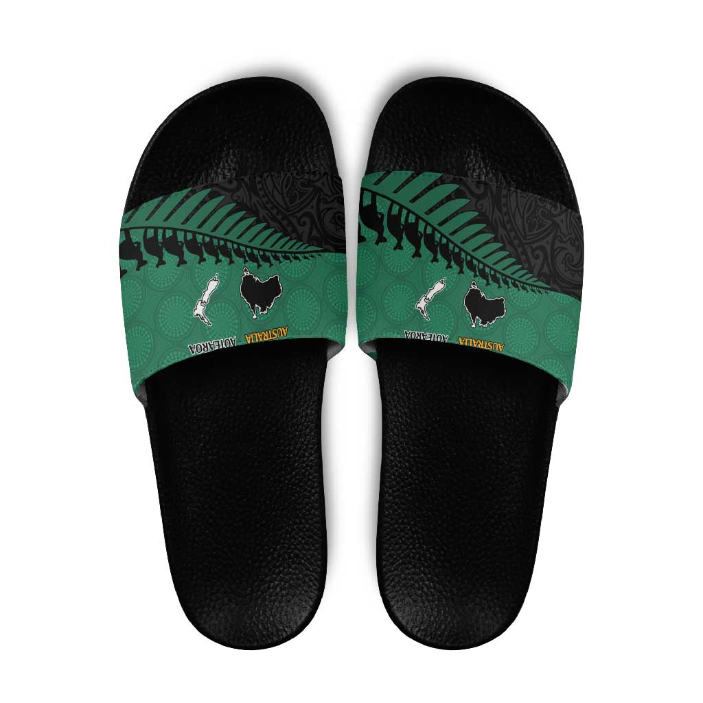 Australia New Zealand Rugby Slide Sandals Green Aboriginal Wallabies and Maori Black Fern - Polynesian Pride
