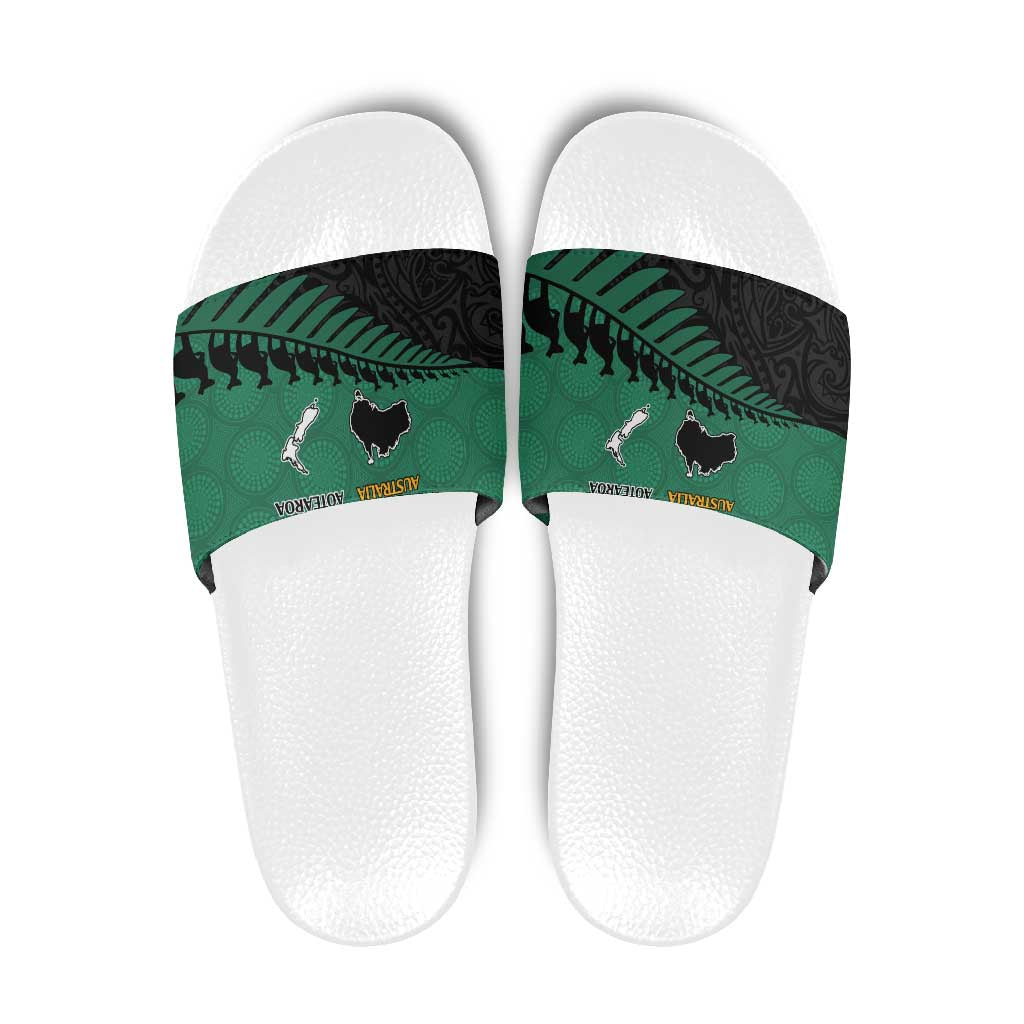 Australia New Zealand Rugby Slide Sandals Green Aboriginal Wallabies and Maori Black Fern - Polynesian Pride