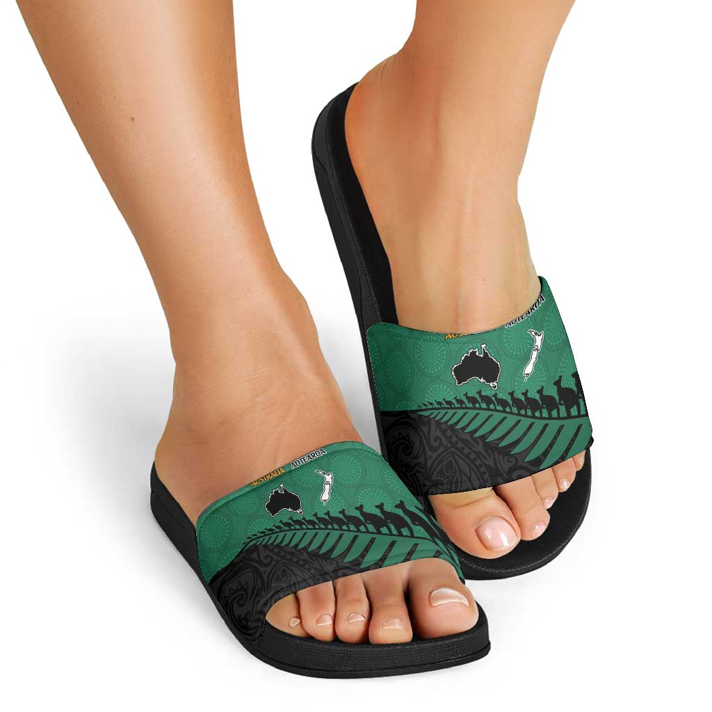 Australia New Zealand Rugby Slide Sandals Green Aboriginal Wallabies and Maori Black Fern - Polynesian Pride