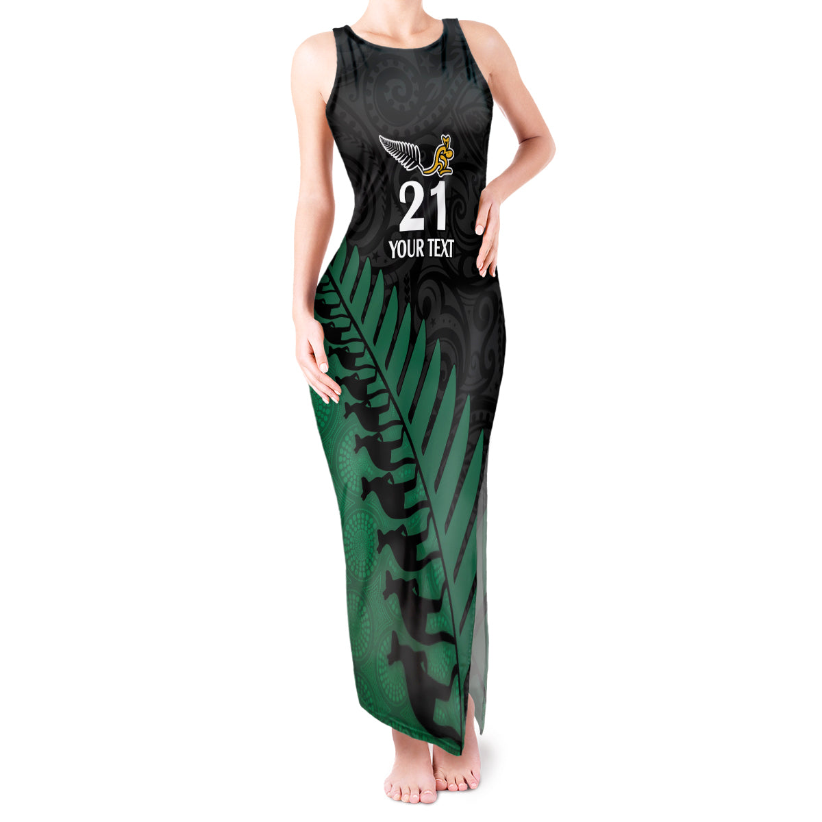 Custom Australia Wallabies and Aotearoa Rugby Tank Maxi Dress Kangaroo Black Fern Maori Green Vibe LT9 Women Green - Polynesian Pride