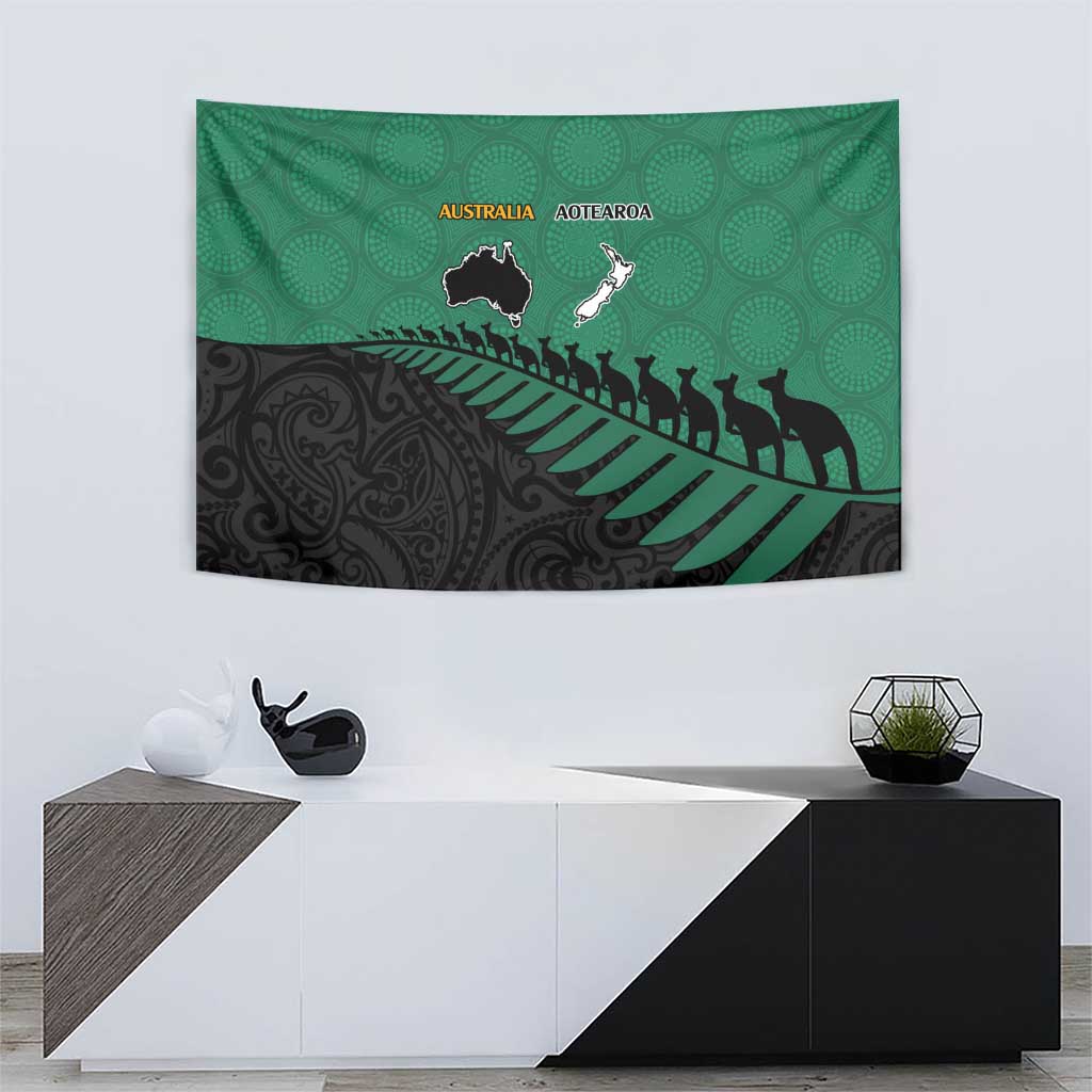 Australia New Zealand Rugby Tapestry Green Aboriginal Wallabies and Maori Black Fern - Polynesian Pride