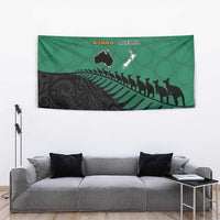 Australia New Zealand Rugby Tapestry Green Aboriginal Wallabies and Maori Black Fern - Polynesian Pride