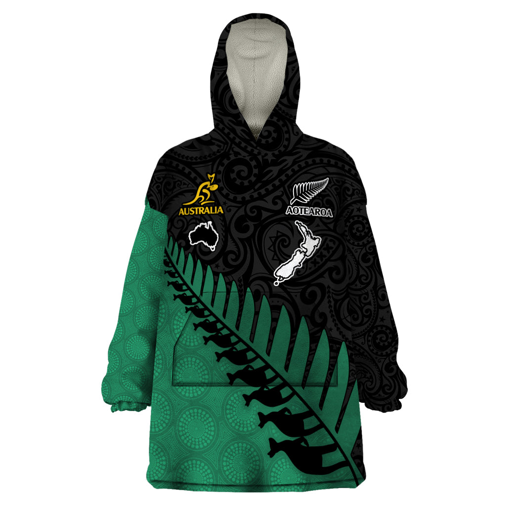 Custom Australia Wallabies and Aotearoa Rugby Wearable Blanket Hoodie Kangaroo Black Fern Maori Green Vibe LT9 One Size Green - Polynesian Pride