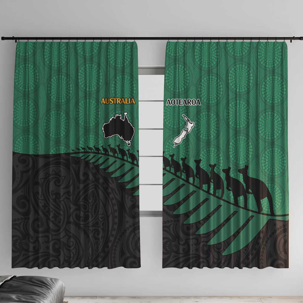 Australia New Zealand Rugby Window Curtain Green Aboriginal Wallabies and Maori Black Fern - Polynesian Pride